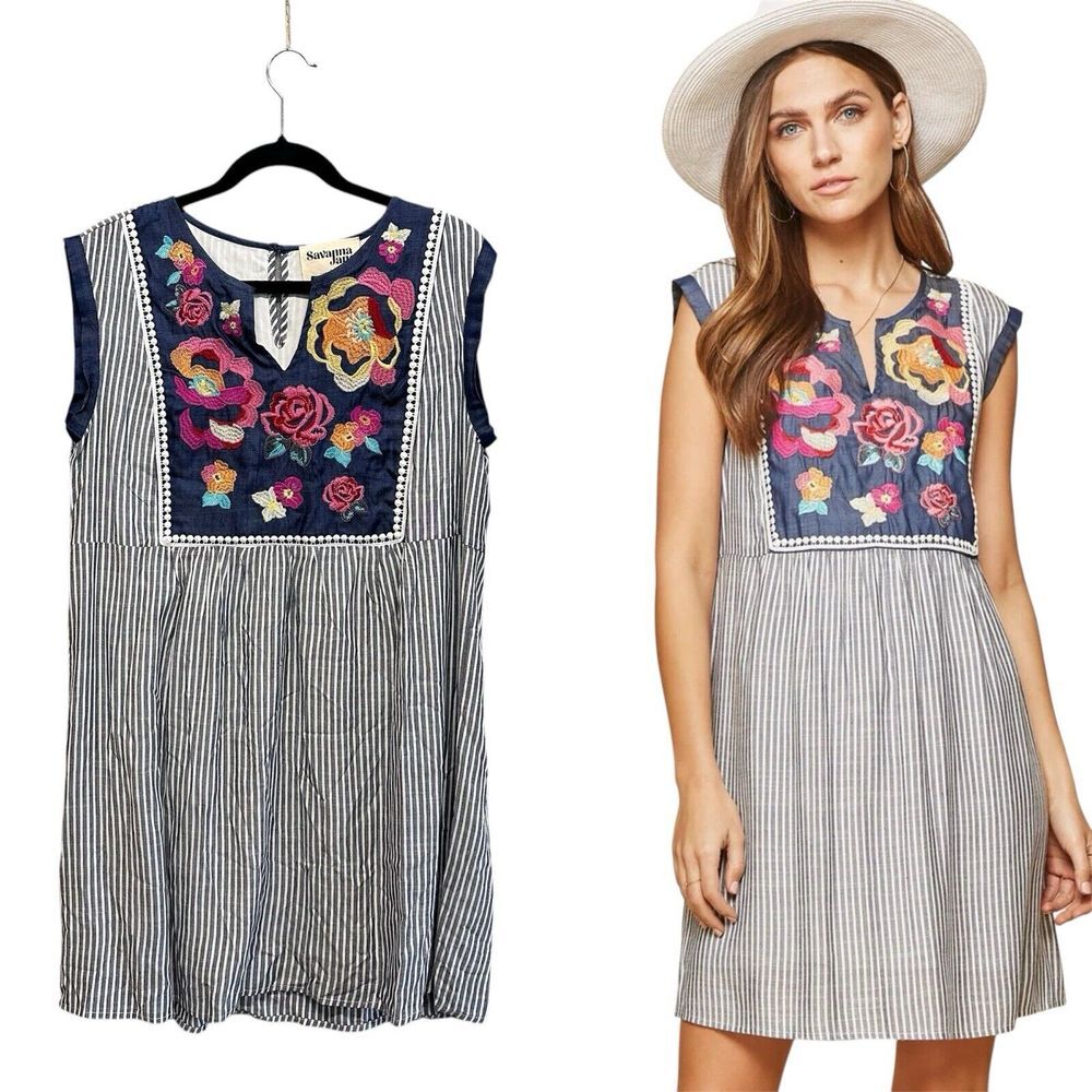 Savanna Jane Blue Multicolor Floral Embroidered‎ Sleeveless Mini Dress Womens S